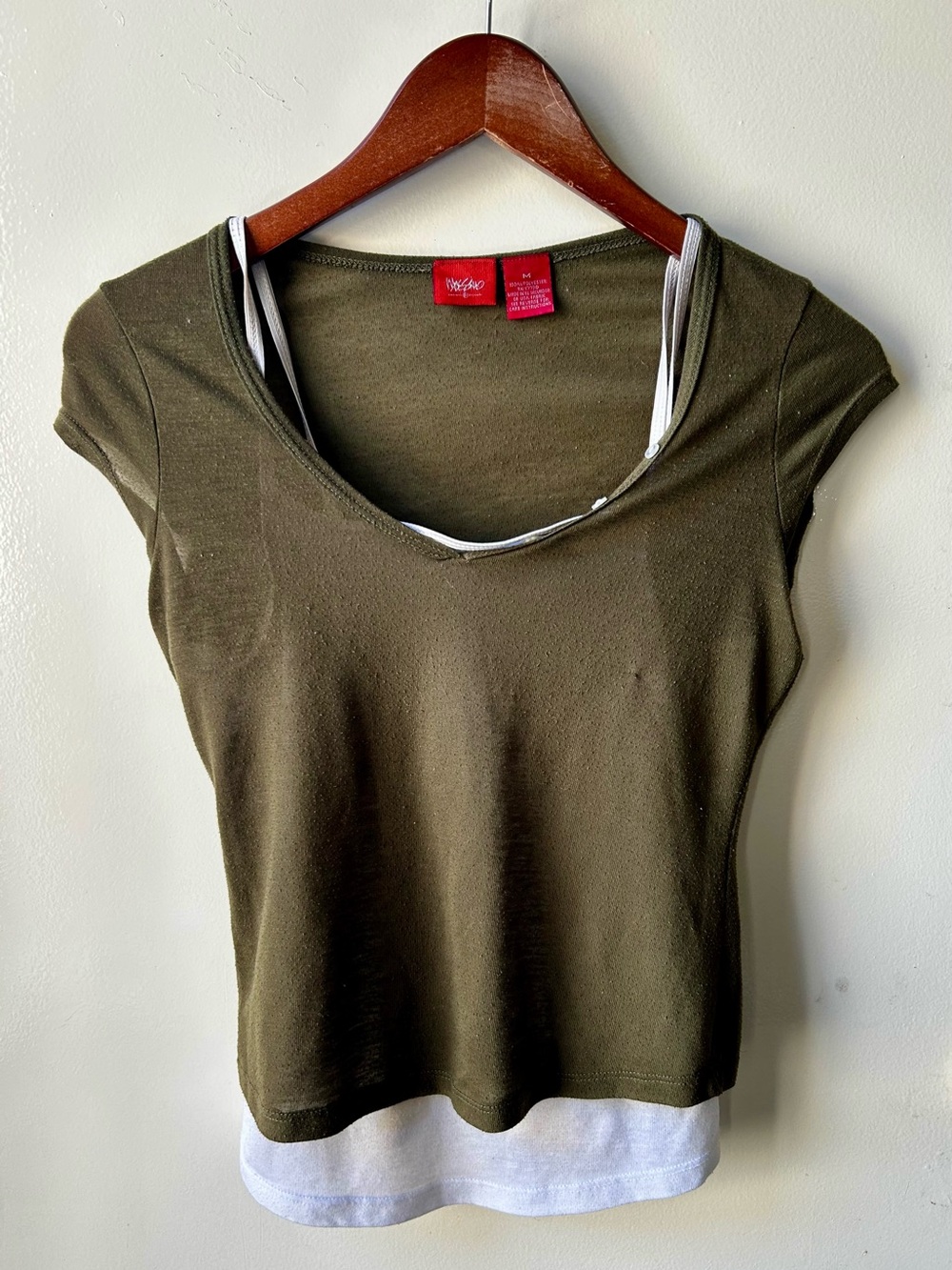 Massimo Olive Green Short-Sleeve Layered Scoop Neck Top with White Underlayer